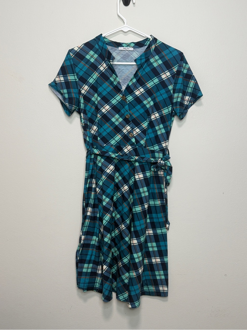 Teal and Navy Plaid Short-Sleeve Wrap Dress
